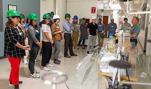 A group of people wearing hard hats stand in a lab facing a person talking.